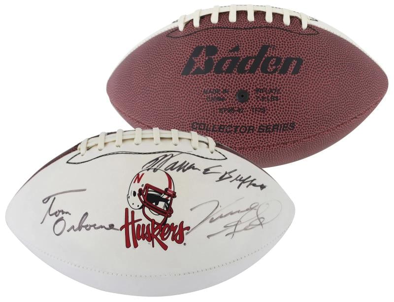 Warren Buffett, Tom Osborne & VInce Gill Signed White Panel Logo Football PSA: Player: Warren Buffett, Tom Osborne & VInce Gill,Product: Ball,Original/Reprint: Original,Autograph Authentication: PSA,PRODUCT_COA: PSA,PRODUCT_SIGNED_BY_NAME: Warren Buffett, Tom Osborne & VInce