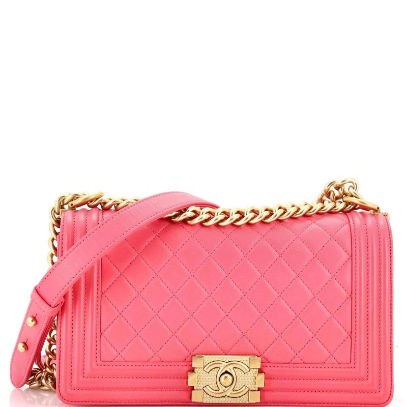 Chanel Boy Flap Bag Quilted Lambskin Old Medium: Condition: Pre-owned - Good,Brand: Chanel,Exterior Material: Leather,Style: Shoulder Bags,Exterior Color: Pink,Department: Women,Size: Old Medium
