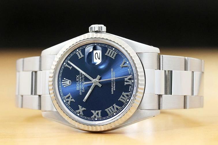 MENS ROLEX DATEJUST 16014 BLUE ROMAN DIAL 18K WHITE GOLD SS WATCH w/ OYSTER BAND - 3