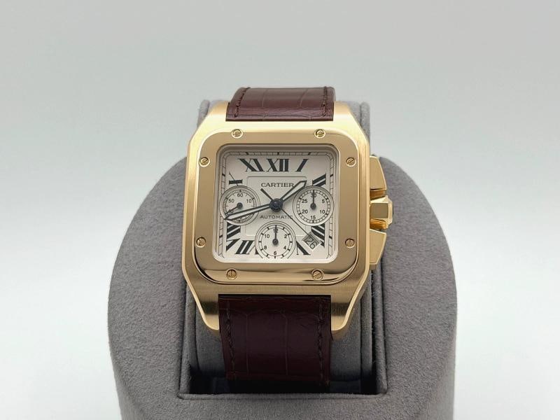 Cartier Santos 100 W20096Y1 2741 41mm Silver Dial Chronograph 18K Yellow Gold: Condition: Pre-owned - Good,Bezel Color: Gold, Yellow,Movement: Mechanical (Automatic),Seller Warranty: Yes,Indices: Roman Numerals,Reference Number: 2741, W20096Y1,Band/Strap: Two-Piece Strap,Brand: