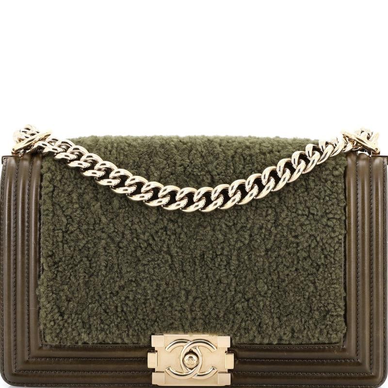 Chanel Boy Flap Bag Shearling with Leather Old Medium: Condition: Pre-owned - Excellent,Brand: Chanel,Exterior Material: Leather, Shearling,Style: Shoulder Bags,Exterior Color: Green,Department: Women,Size: Old Medium