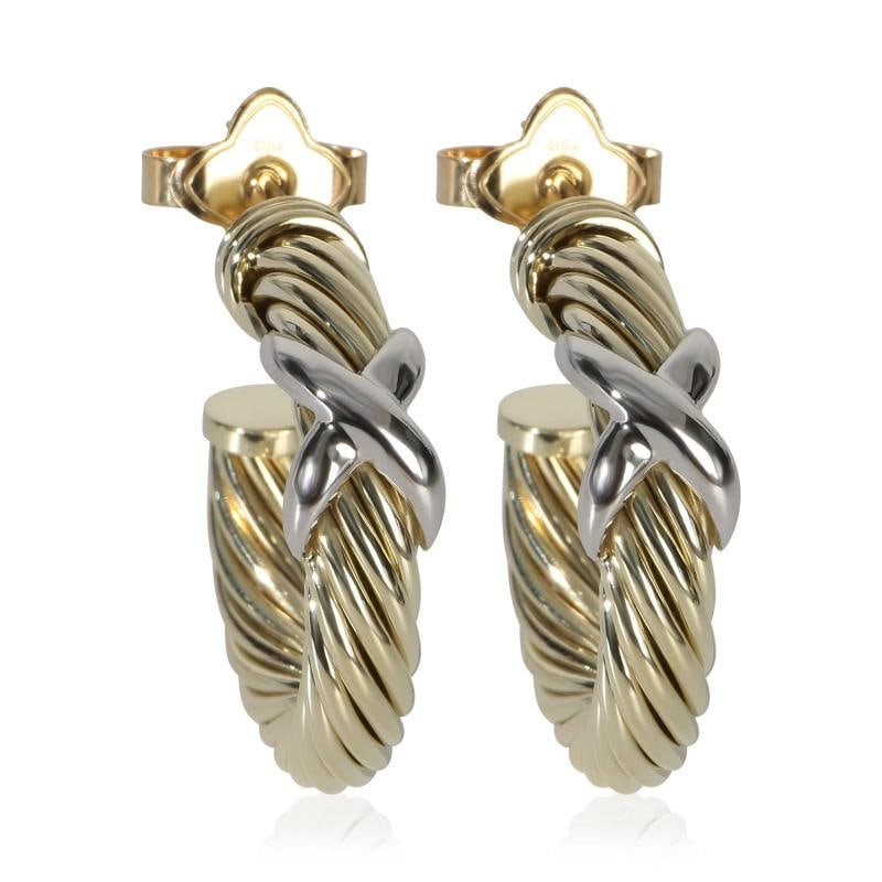 David Yurman White Gold & Yellow Gold Cable X Hoop Earrings: Condition: Pre-owned,Item Length: 25 mm,Country of Origin: US,Side Stone Type: No Stone,Metal Purity: 14k,With Original Box/Packaging: No,With Papers: No,Gross Weight (grams): 11.50,Department: