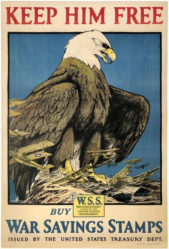 Original Vintage WWI Poster KEEP HIM FREE BUY WAR SAVINGS STAMPS Eagle USA LINEN: Condition: Used,Country of Origin: United States,Conflict: WW I (1914-18),Theme: Militaria,Original/Reproduction: Original,Region of Origin: United States,Modified Item: No Condition: Excellent /