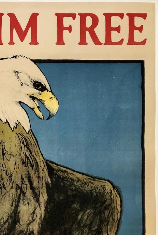 Original Vintage WWI Poster KEEP HIM FREE BUY WAR SAVINGS STAMPS Eagle USA LINEN - 3