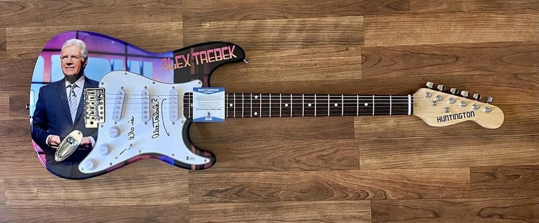 Alex Trebek Signed Guitar Custom Graphic 1/1 Beckett COA Jeopardy Inscribed! - 2