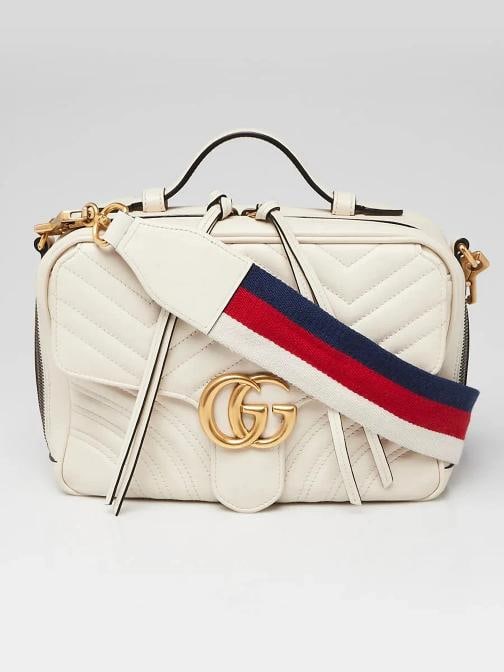 Gucci White Leather GG Marmont Small Shoulder Bag: Condition: Pre-owned - Good,Brand: Gucci,Exterior Material: Leather,Style: Crossbody Bags,Everyday Bags,Exterior Color: White,Department: Women,Country of Origin: Italy Description This gorgeous bag