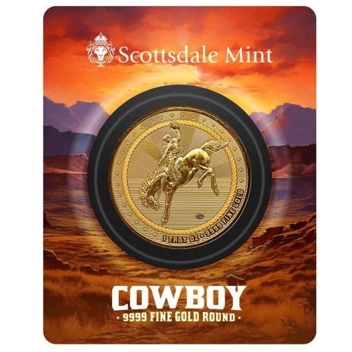 1 oz Gold Cowboy Round w/ Buffalo Privy .9999 Gold Bullion Round in COA #A591: Composition: Gold,Shape: Round,Fineness: 0.9999,Precious Metal Content: 1 oz,Precious Metal Content per Unit: 1 oz,Brand/Mint: Scottsdale Mint,Total Precious Metal Content: 1 Troy Ounce,Country of Ori