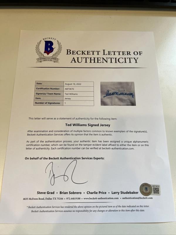 Ted Williams Signed Authentic Boston Red Sox Game Model Jersey Beckett COA - 4