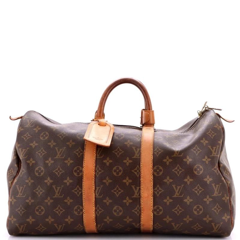 Louis Vuitton Keepall Bag Monogram Canvas 45: Condition: Pre-owned - Fair,Brand: Louis Vuitton,Exterior Material: Canvas Coated,Style: Top Handle,Exterior Color: Brown,Department: Women,Size: 45,Accessories: Luggage Tag, Poignet