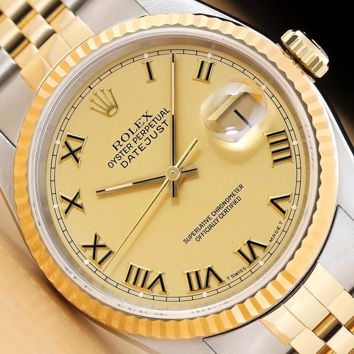 ROLEX MENS DATEJUST 16233 18K GOLD STEEL 2-TONE CHAMPAGNE ROMAN DIAL WATCH: Condition: Pre-owned - Excellent,Bezel Color: Gold,Max Wrist Size: 7.26-7.5 in,Number of Jewels: 31 Jewels,Indices: Roman Numerals,Bezel: Rolex 18K Yellow Gold Fluted Bezel,Band/Strap: Bracelet/Link B