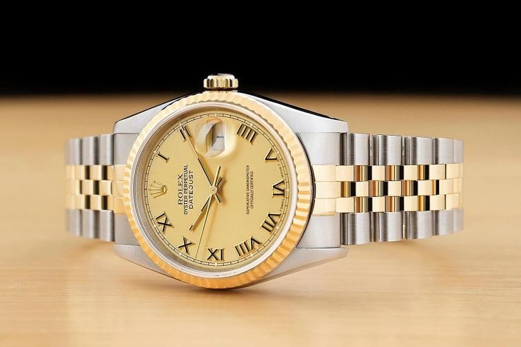 ROLEX MENS DATEJUST 16233 18K GOLD STEEL 2-TONE CHAMPAGNE ROMAN DIAL WATCH - 2