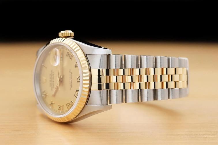 ROLEX MENS DATEJUST 16233 18K GOLD STEEL 2-TONE CHAMPAGNE ROMAN DIAL WATCH - 4