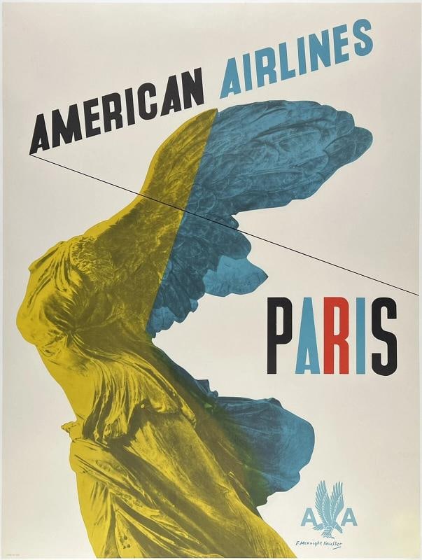 Original Vintage Poster AMERICAN AIRLINES PARIS Winged Victory Louvre Travel OL: Dimensions: 29.9 x 39.8 in. / 76 x 101 cm.; Circa: 1950s Original vintage "AMERICAN AIRLINES - PARIS" airline travel poster, plate signed by its artist, E. McKNIGHT KAUFFER, and printed in the USA