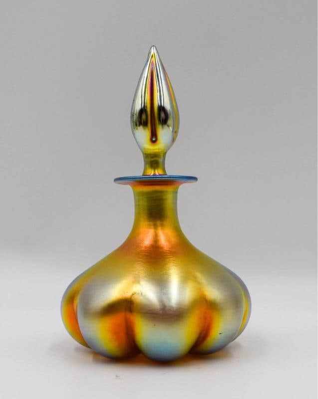 Steuben Gold Aurene Lobed Large Perfum Bottle, Signed: Measures 6 3/8" high by 4" wide.