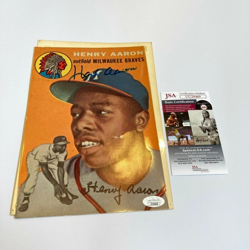 Hank Aaron Signed 1954 Topps Original Production Artwork JSA COA 1/1 RARE: Product: Photo,Sport: Baseball-MLB,Autograph Authentication: James Spence Authentication (JSA),Team: Atlanta Braves,Player: Hank Aaron,Original/Reprint: Original,Country of Origin: United States
