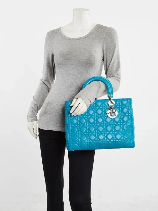 Christian Dior Blue Cannage Quilted Lambskin Leather Large Lady Dior Bag w/o ... - 2
