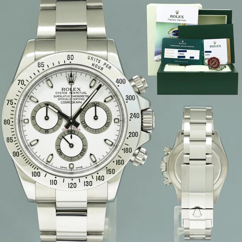 2019 PAPERS RSC MINT Rolex Daytona 116520 White APH Chronograph Blue Chromalight: Condition: Pre-owned - Excellent,Brand: Rolex,Department: Unisex Adults,Type: Wristwatch,Model: Daytona,Reference Number: 116520,With Original Box/Packaging: Yes,With Papers: Original & RSC,Customized