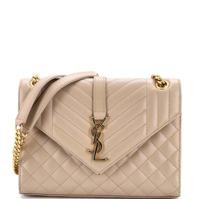 Saint Laurent Classic Monogram Envelope Satchel Mixed Matelasse Leather Medium: Measurements: Handle Drop 12", Height 7", Width 9.5", Depth 2.5", Strap Drop 20" . Condition: Pre-owned - Fair,Brand: Saint Laurent,Exterior Material: Leather,Style: Shoulder Bags,Exterior Color: Neut