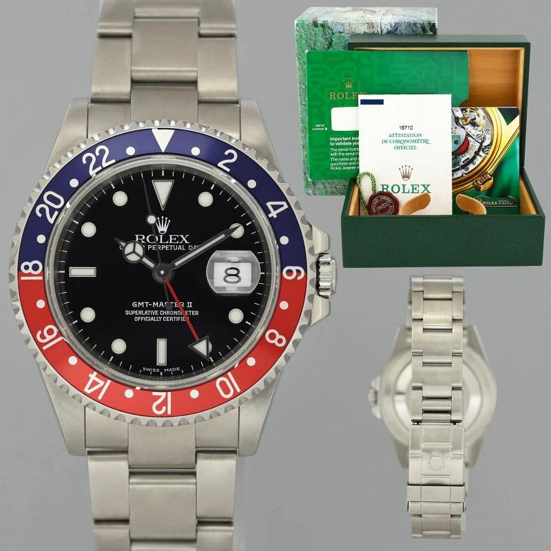 2001 MINT PAPERS Rolex GMT-Master II Pepsi Blue Red Steel 16710BLRO 40mm Watch: Box: Yes, this item includes the Original Rolex Box. Papers: Yes, this watch comes with Original Rolex warranty papers . Box: Yes, this item includes the Original Rolex Box. Papers: Yes, this watch
