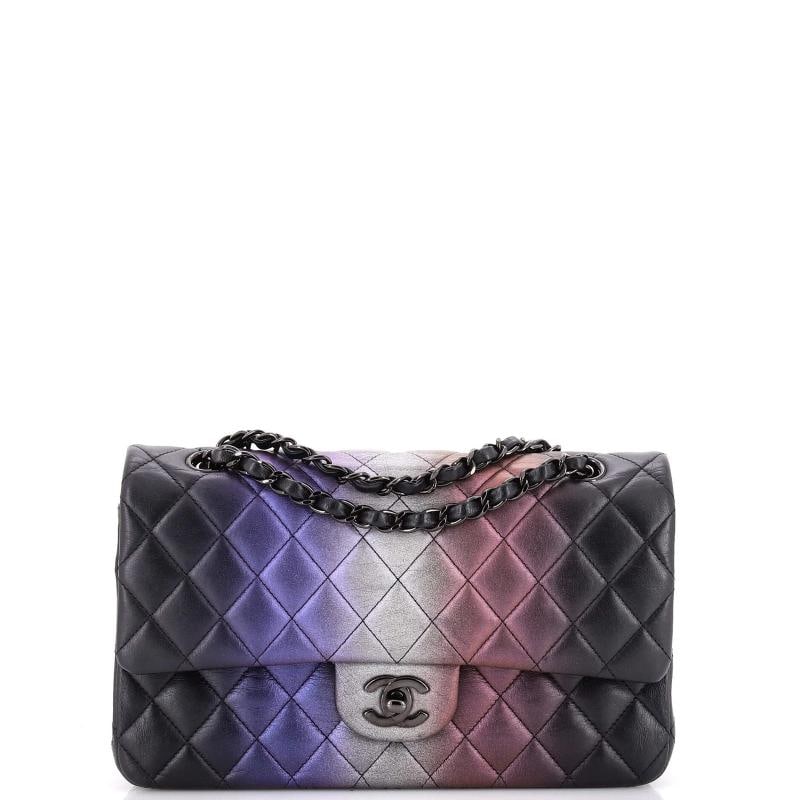 Chanel Classic Double Flap Bag Quilted Ombre Iridescent Calfskin Medium: Accessories: Dust Bag Measurements: Handle Drop 10", Height 6", Width 10", Depth 2.5", Strap Drop 17". Condition: Pre-owned - Good,Brand: Chanel,Exterior Material: Leather,Style: Shoulder