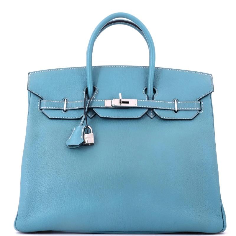 Hermes HAC Birkin Bag Blue Chevre de Coromandel with Palladium Hardware 36: Accessories: Clochette, Keys, Lock, Box Measurements: Height 11", Width 14", Depth 7.5". Condition: Pre-owned - Excellent,Brand: Hermes,Exterior Material: Leather,Style: Totes,Exterior Color: