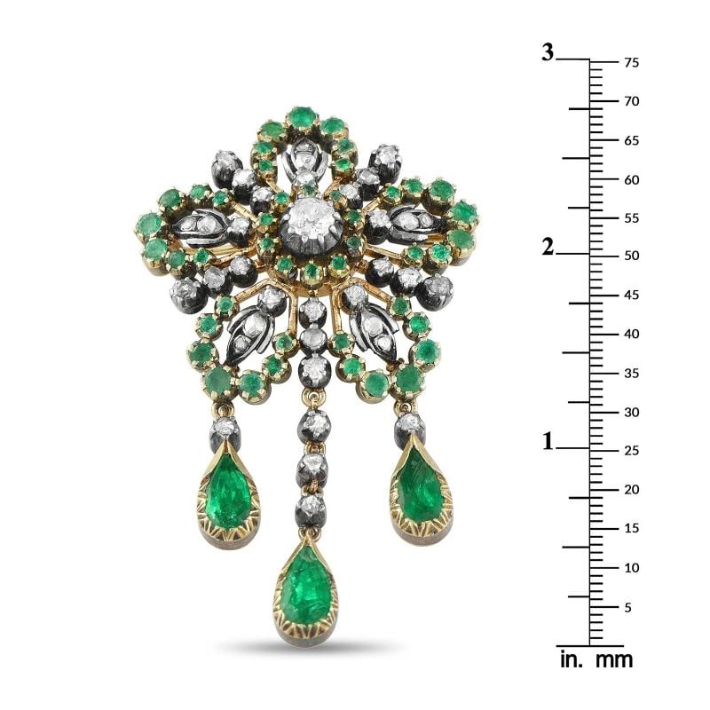 Antique 18K Rose Gold and Silver 1.50ct Diamond and Emerald Brooch - 3