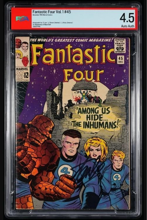 Stan Lee, Jack Kirby & Joe Sinnott Signed Fantastic Four #45 Marvel Comics (PSA 4.5, Auth Auto): Condition: Very Good: A book that does not look new and has been read but is in excellent condition. No obvious damage to the cover, with the dust jacket (if applicable) included for hard covers. No