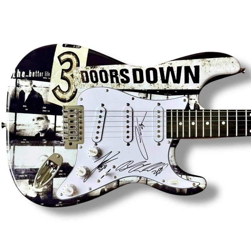 3 Doors Down: Brad Arnold, Chris Henderson & Justin Biltonen Signed Custom Guitar (JSA): Industry: Music,Signed: Yes,Autograph Authentication: James Spence (JSA),Object Type: Guitar & Guitar Pick,Original/Reproduction: Original,Country of Origin: United States