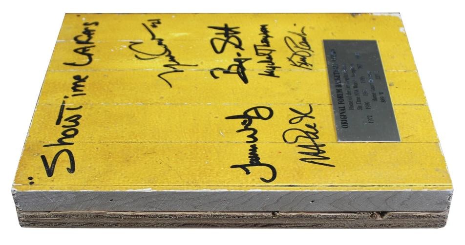 Showtime Lakers (5) Johnson, Worthy, Scott +3 Signed 8x10 Forum Floorboard BAS W - 3