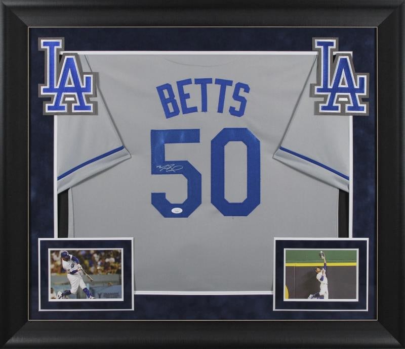 Mookie Betts Authentic Signed Grey Pro Style Framed Jersey Autographed JSA: Player: Mookie Betts,Product: Jersey,Original/Reprint: Original,Team: Los Angeles Dodgers,Autograph Authentication: JSA,PRODUCT_COA: JSA,PRODUCT_SIGNED_BY_NAME: Mookie Betts,PRODUCT_SIGNED_BY_BRAND: L