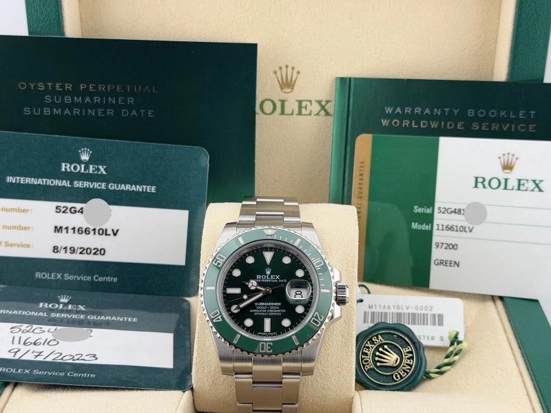 2017 Rolex Submariner Hulk 116610LV 40mm Green Dial Green Bezel Steel Box Paper: Style Number: 116610LV Year: 2017 Model: Rolex Submariner 'Hulk' Case Material: Stainless Steel Band: Stainless Steel Bezel: Green Ceramic Dial: Green Crystal: Sapphire Case Size: 40mm Includes: - Rol