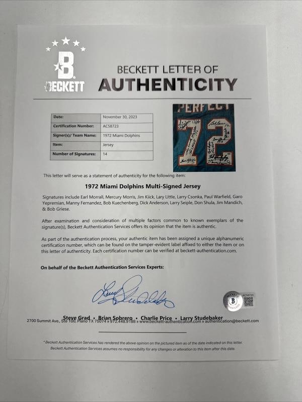 1972 Miami Dolphins Super Bowl Champs Team Signed Wilson Game Jersey Beckett COA - 7