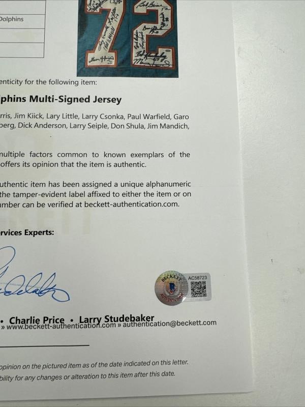 1972 Miami Dolphins Super Bowl Champs Team Signed Wilson Game Jersey Beckett COA - 8