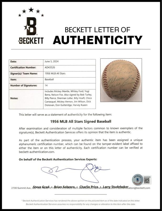 1956 MLB All Stars Auto Harridge AL Baseball 14 Sigs Mickey Mantle Vintage BAS - 9