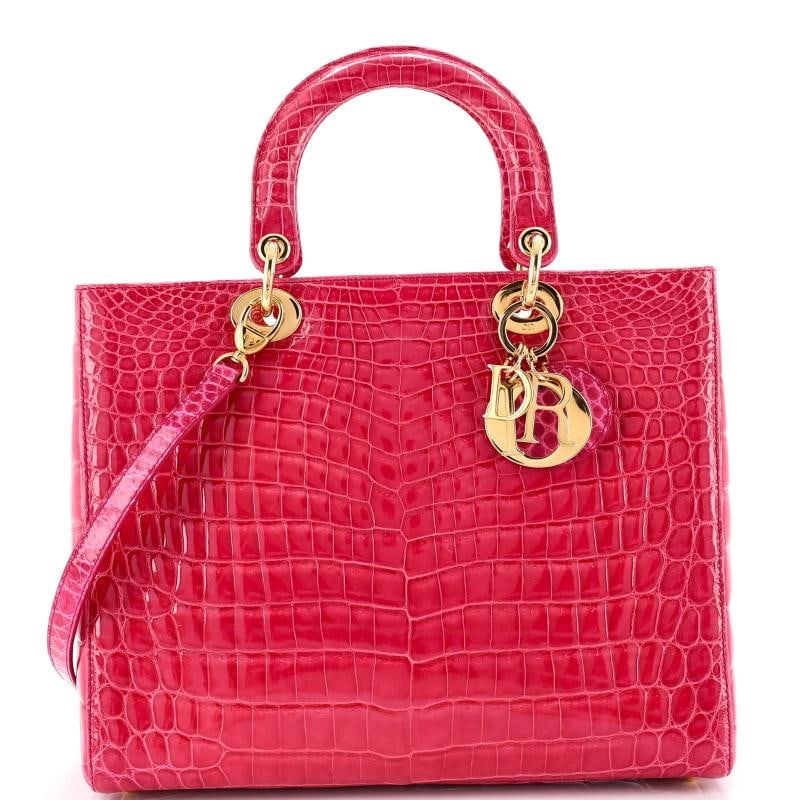 Christian Dior Lady Dior Bag Crocodile Large: Accessories: Dust Bag, With Strap Measurements: Height 9", Width 12", Depth 5". Condition: Pre-owned - Excellent,Brand: Christian Dior,Exterior Material: Crocodile, Exotic,Style: Top Handle,Exterior