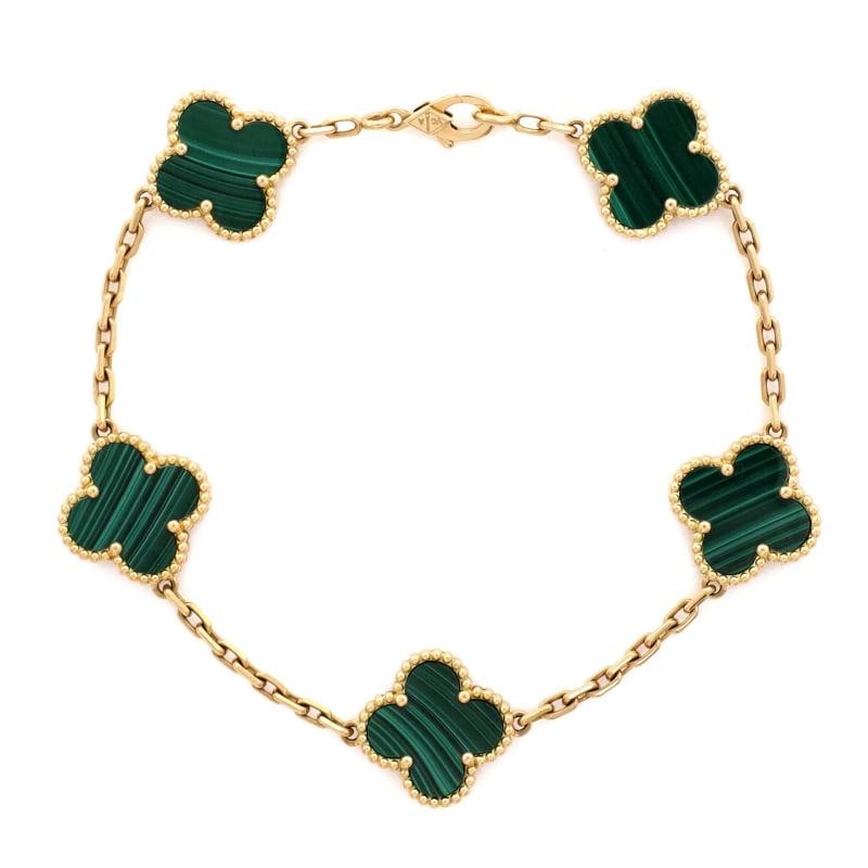 Van Cleef & Arpels Vintage Alhambra 5 Motifs Bracelet 18K Yellow Gold: Measurements: Circumference: 7.50 ", Width: 14.90 mm . Condition: Pre-owned - Good,Brand: Van Cleef & Arpels,Main Stone: Malachite,Metal: 18K Yellow Gold,Metal Purity: 18K,Style: Bracelet,Type: