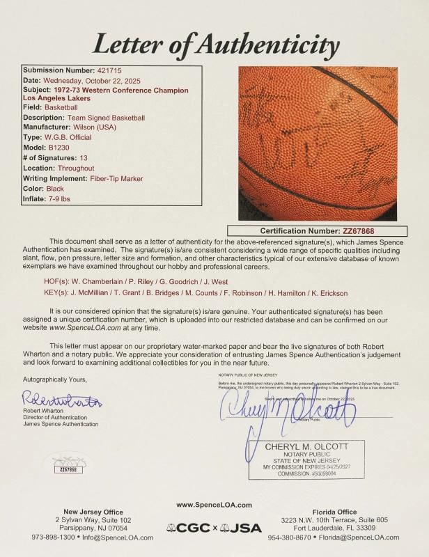 Wilt Chamberlain 1972-1973 Los Angeles Lakers Champs Team Signed Baseball JSA - 8