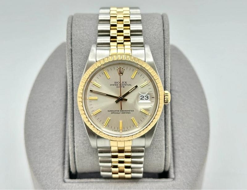 Rolex Date 15053 34mm Silver Dial 18k Yellow Gold Stainless Steel Jubilee - 2