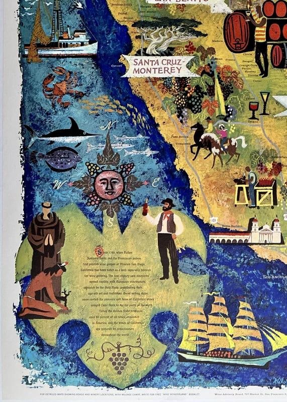 Original Vintage Poster CALIFORNIA WINE LAND OF AMERICA Travel Tourism Map LINEN - 4