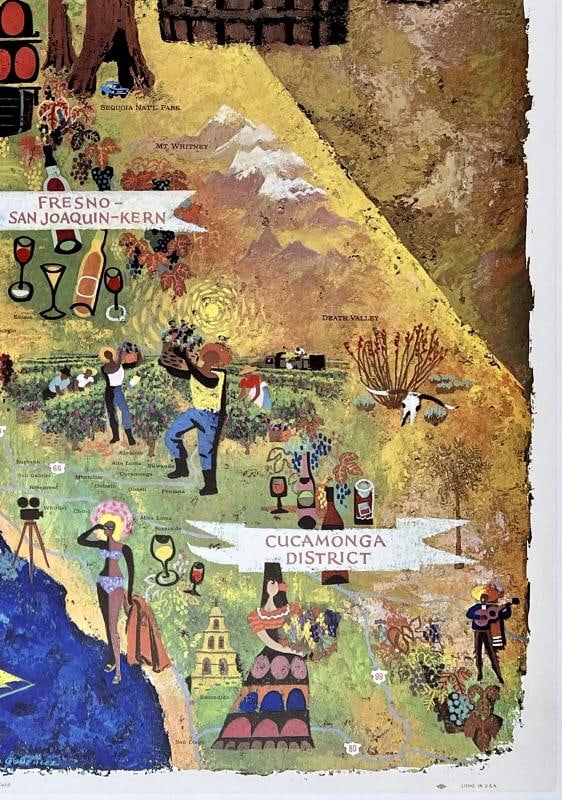 Original Vintage Poster CALIFORNIA WINE LAND OF AMERICA Travel Tourism Map LINEN - 5