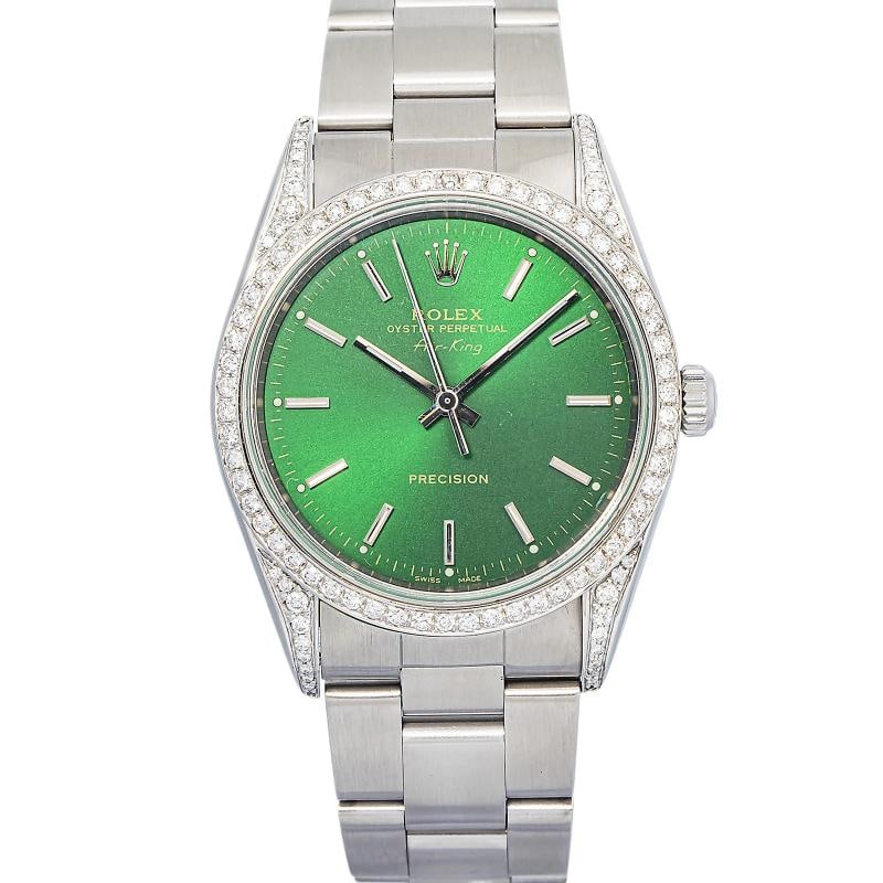 Rolex Air-King Precision 14000 Oyster SS Green Dial Auto Men's Watch 34mm: Case Size 34mm Wrist Fit 7 inches Box No Papers No Condition Ã¢â‚¬â€ Used - Good Full Specifications Brand Rolex Serial # A34xxxx Gender Men Band Material