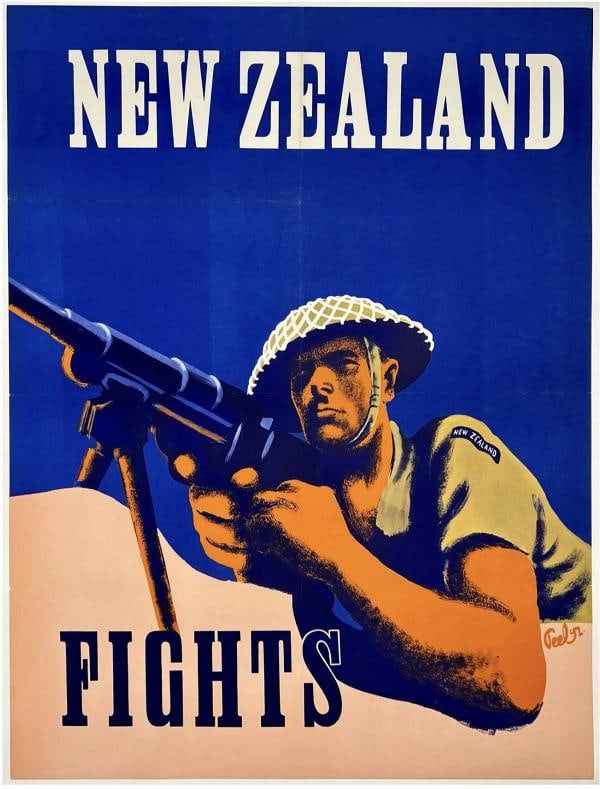 Original Vintage Poster NEW ZEALAND FIGHTS Propaganda World War I WWII LINEN: Dimensions: 24.1 x 31.9 in. / 61.2 x 81 cm.; Circa: 1942 Original vintage "NEW ZEALAND FIGHTS" WWII poster, plate signed by its artist, PEEL, and printed circa 1942.