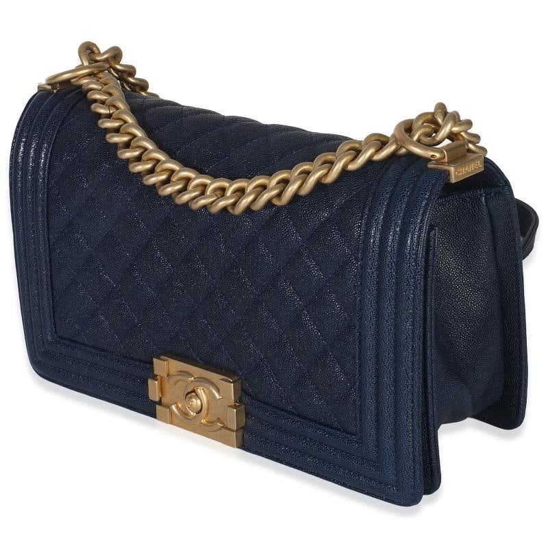 Chanel Navy Quilted Caviar Old Medium Boy Handbag - 3