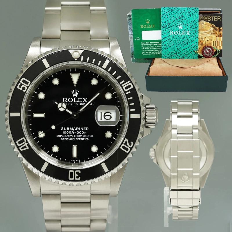 1999 MINT Rolex Submariner Date 16610 Swiss Only Steel Black 40mm Watch Box: Case & Dial Case Material: Rolex Stainless Steel Case Size: 40mm Bezel: Rolex Black Crystal: Rolex Sapphire Dial: Rolex Black "Swiss Only" Movement & Bracelet Movement: Rolex Automatic Bracelet