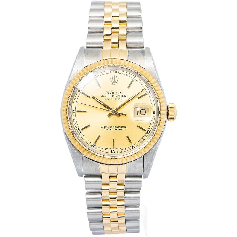 Rolex Datejust 16013 2011 Paper 18k YG Two Tone Champagne Dial Auto Men 36mm: Condition: Pre-owned - Good: This item has been gently used but is in good condition. It might have a few signs of wear, like light scratches or tarnishing.. ,Brand: Rolex,REFERENCE: 16013,WARRANTY: 1
