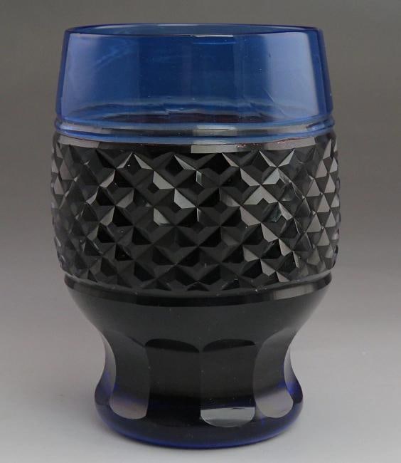 12 Antique Cobalt Blue Cut to Clear Diamond Pattern Tumblers/Glasses - 3