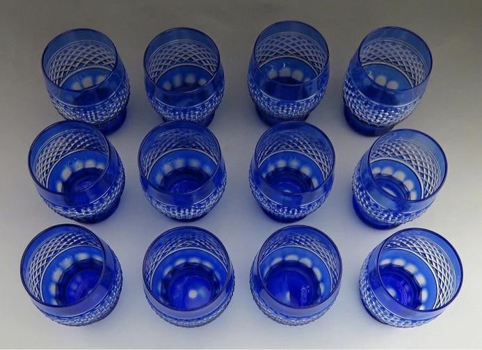 12 Antique Cobalt Blue Cut to Clear Diamond Pattern Tumblers/Glasses - 5