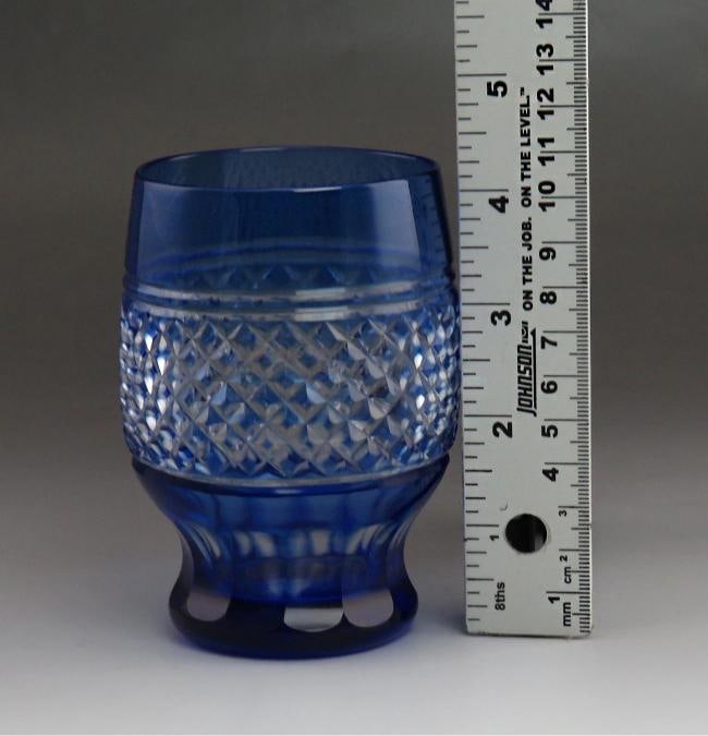 12 Antique Cobalt Blue Cut to Clear Diamond Pattern Tumblers/Glasses - 8