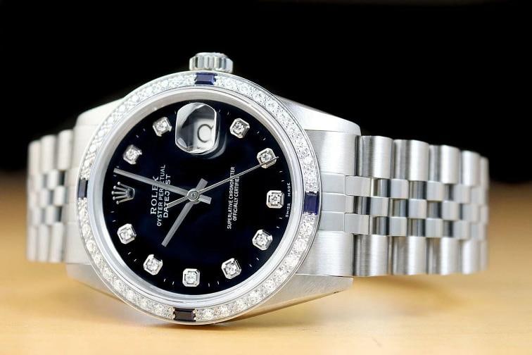 MENS ROLEX DATEJUST 16014 BLACK DIAMOND SAPPHIRE 18K WHITE GOLD STEEL WATCH - 2
