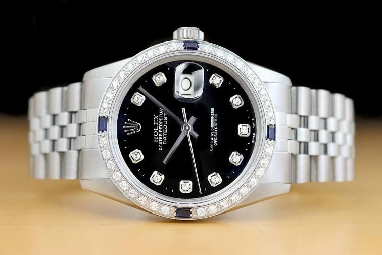 MENS ROLEX DATEJUST 16014 BLACK DIAMOND SAPPHIRE 18K WHITE GOLD STEEL WATCH - 3